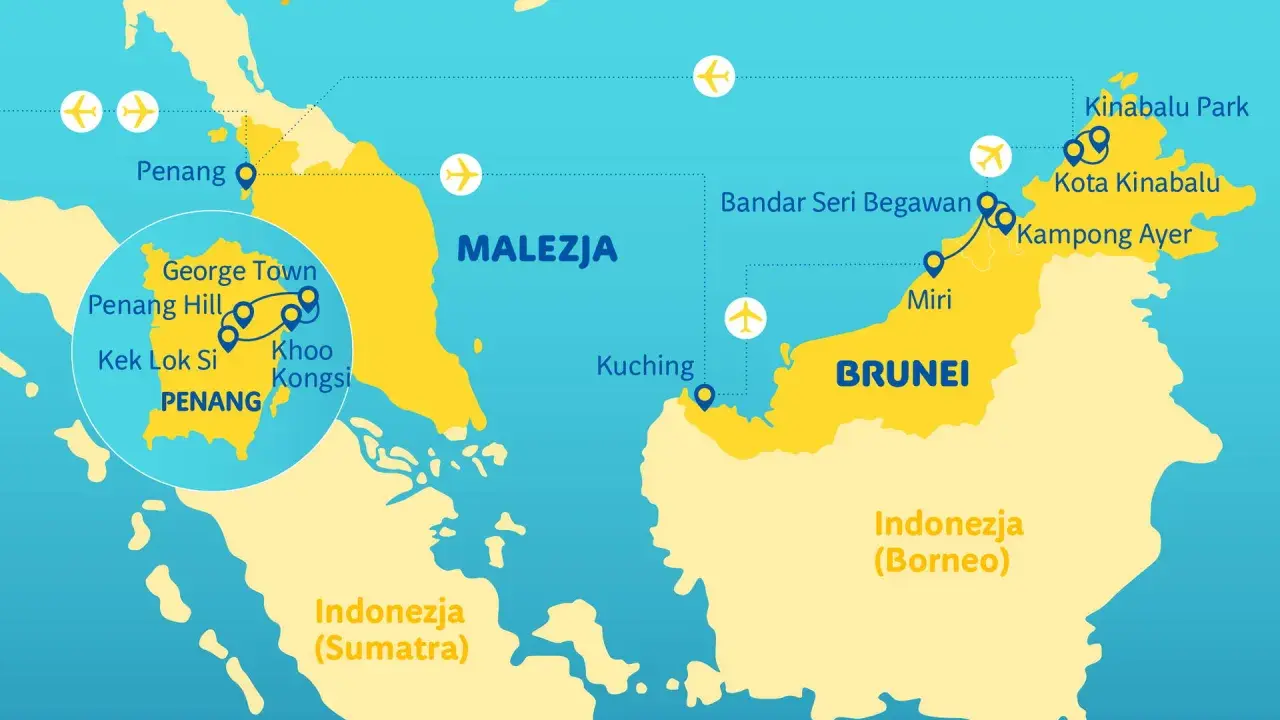Mapa pokazuje, gdzie leży Malezja, z zaznaczonymi miastami jak Penang, Kuching, Kota Kinabalu, oraz sąsiednimi Tajlandią, Brunei i Indonezją.