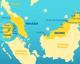 Mapa pokazuje, gdzie leży Malezja, z zaznaczonymi miastami jak Penang, Kuching, Kota Kinabalu, oraz sąsiednimi Tajlandią, Brunei i Indonezją.
