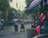 Ulewny deszcz na Bali w lutym. Mężczyźni w tradycyjnych strojach niosą drewniane tyczki, a widzowie chronią się pod kolorowymi parasolami.
