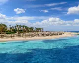 Piękna plaża w Marsa Alam, luty. Słoneczna pogoda, palmy, leżaki i turkusowe morze.