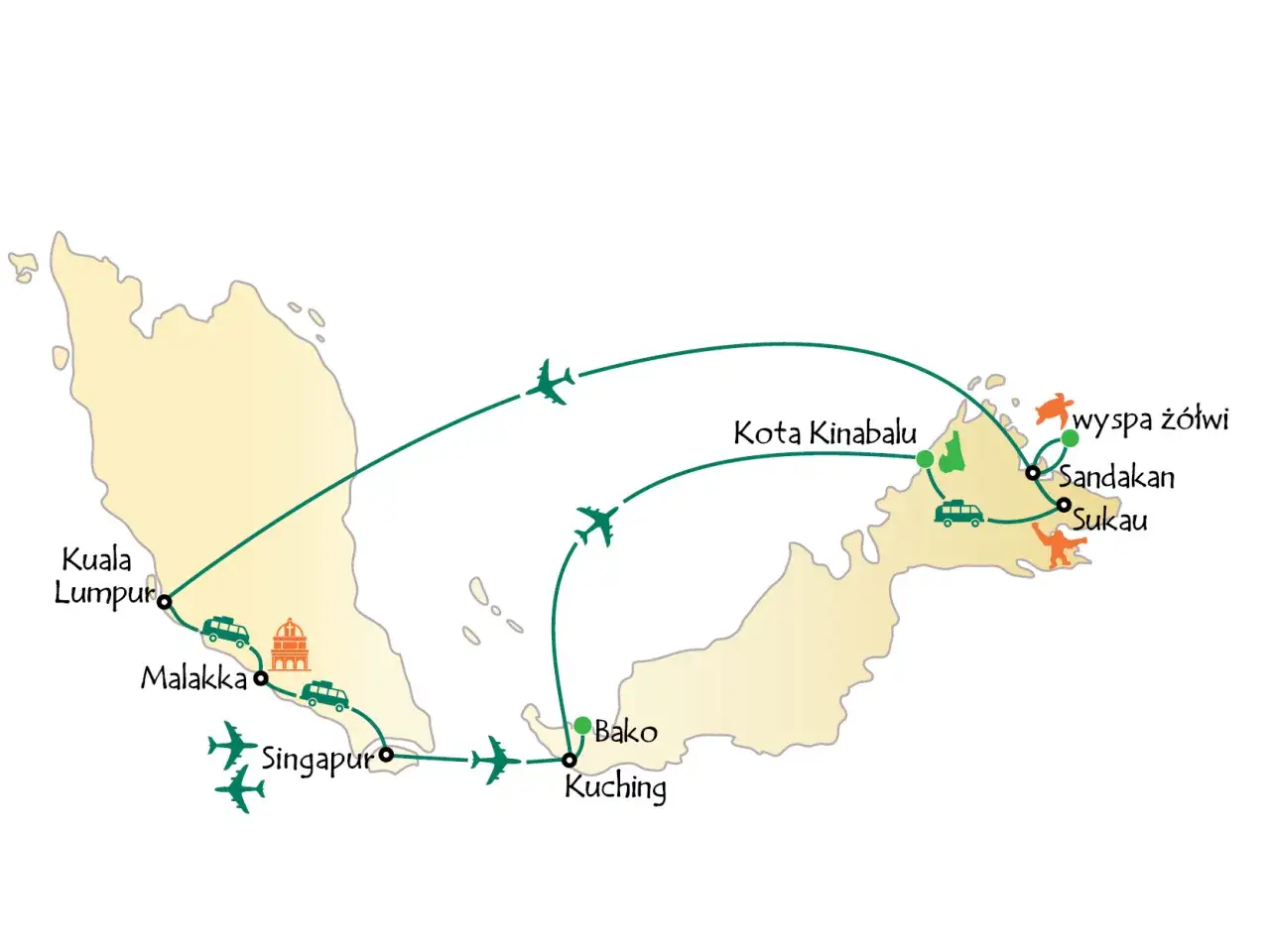 Mapa pokazuje, gdzie leży Malezja, z zaznaczonymi trasami podróży między Kuala Lumpur, Malakką, Singapurem, Bako, Kuching, Kota Kinabalu, Sandakan i wyspą Żółwi.