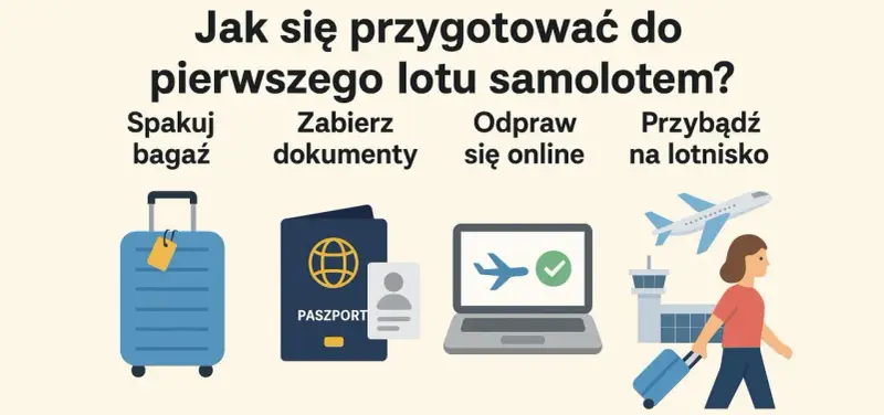 Przygotowania do pierwszego lotu samolotem: spakuj bagaż, zabierz dokumenty, odpraw się online i przybądź na lotnisko.